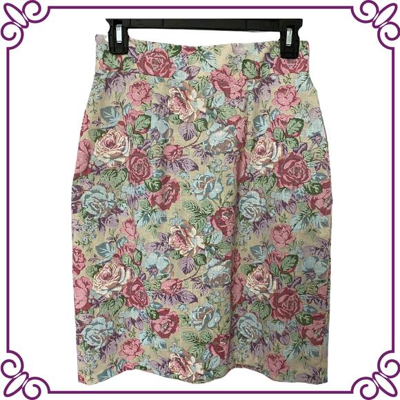 Vintage 1980s Pastel Floral Pencil Skirt Cotton Made in USA SMALL - Picture 1 of 6